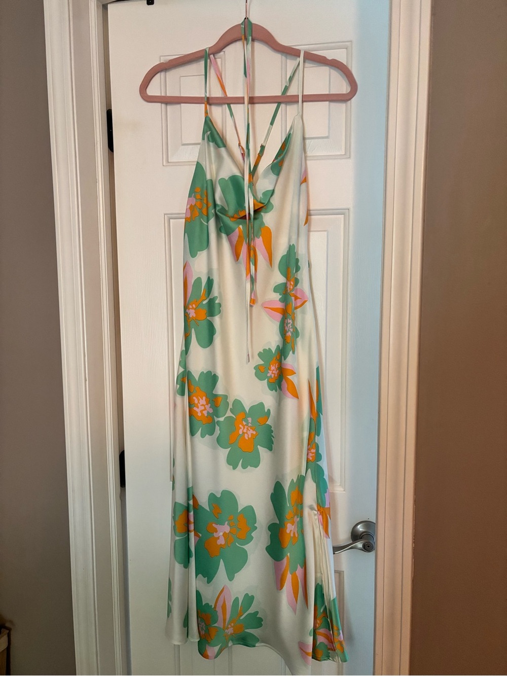 Pink Lily Cream Slip Dress with Green and Orange Floral Print